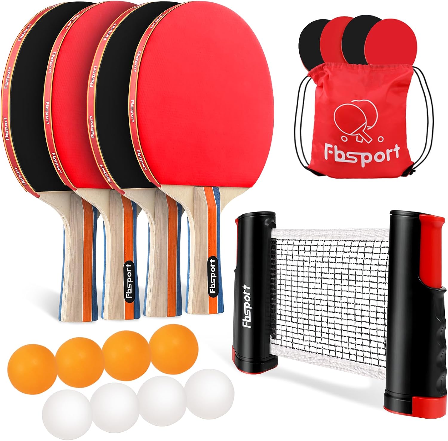 Ping Pong Paddle Set, Table Tennis Set with 4 Rackets and 8 Balls, Retractable Net with Storage Bag - Pingpong Paddle