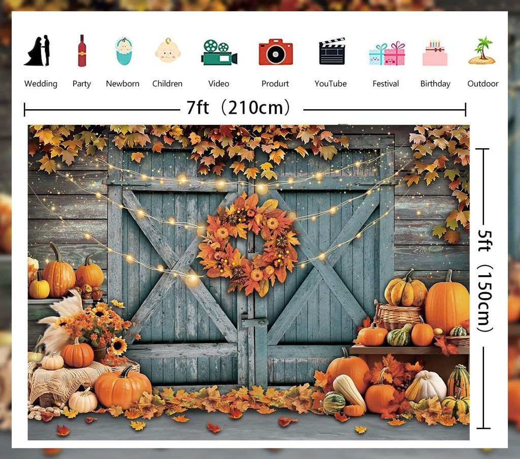 Fall Thanksgiving Backdrop Rustic Barn Door Autumn Pumpkin Harvest Photography Background Maple Leaves Garland