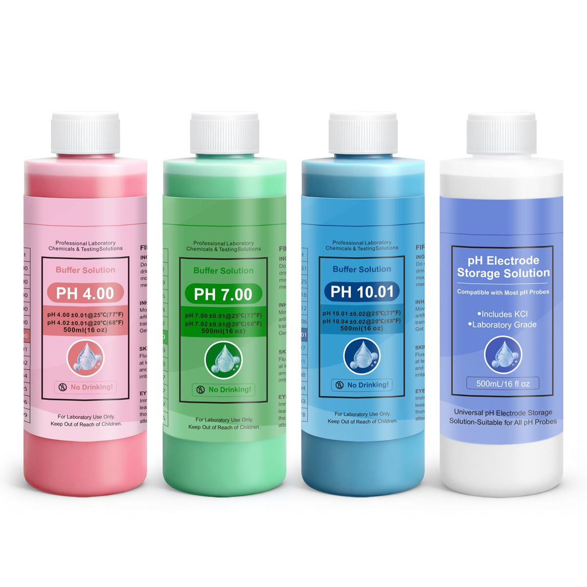 pH Calibration Solution Kit, 4 Pack (pH Buffer Calibration 4,7,10) with KCl Storage Solution, 500mL (16oz) Each