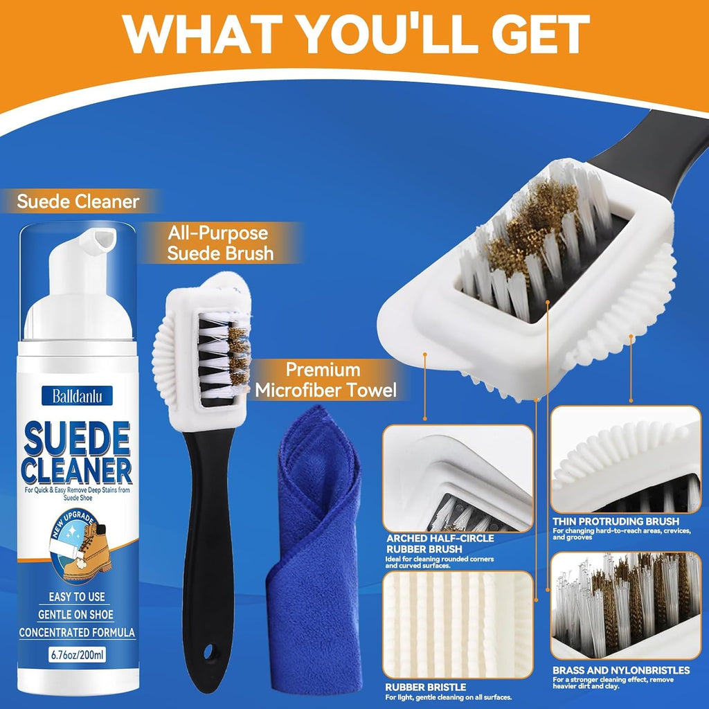 Suede Shoe Cleaner, 6.76 Oz Suede and Nubuck Cleaner, No-Rinse Foam Shoe Cleaner Kit for Leather, Boots, Knit, Canvas