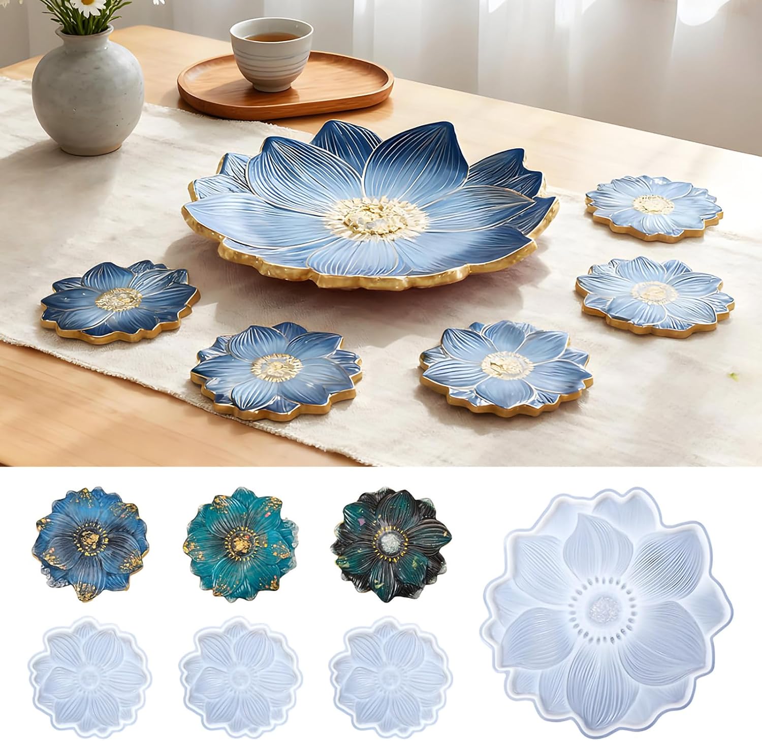 Large Flower Resin Tray Mold Set, White Silicone molds, 14 Inch with 4 Coaster Molds for DIY Crystal Geode Casting