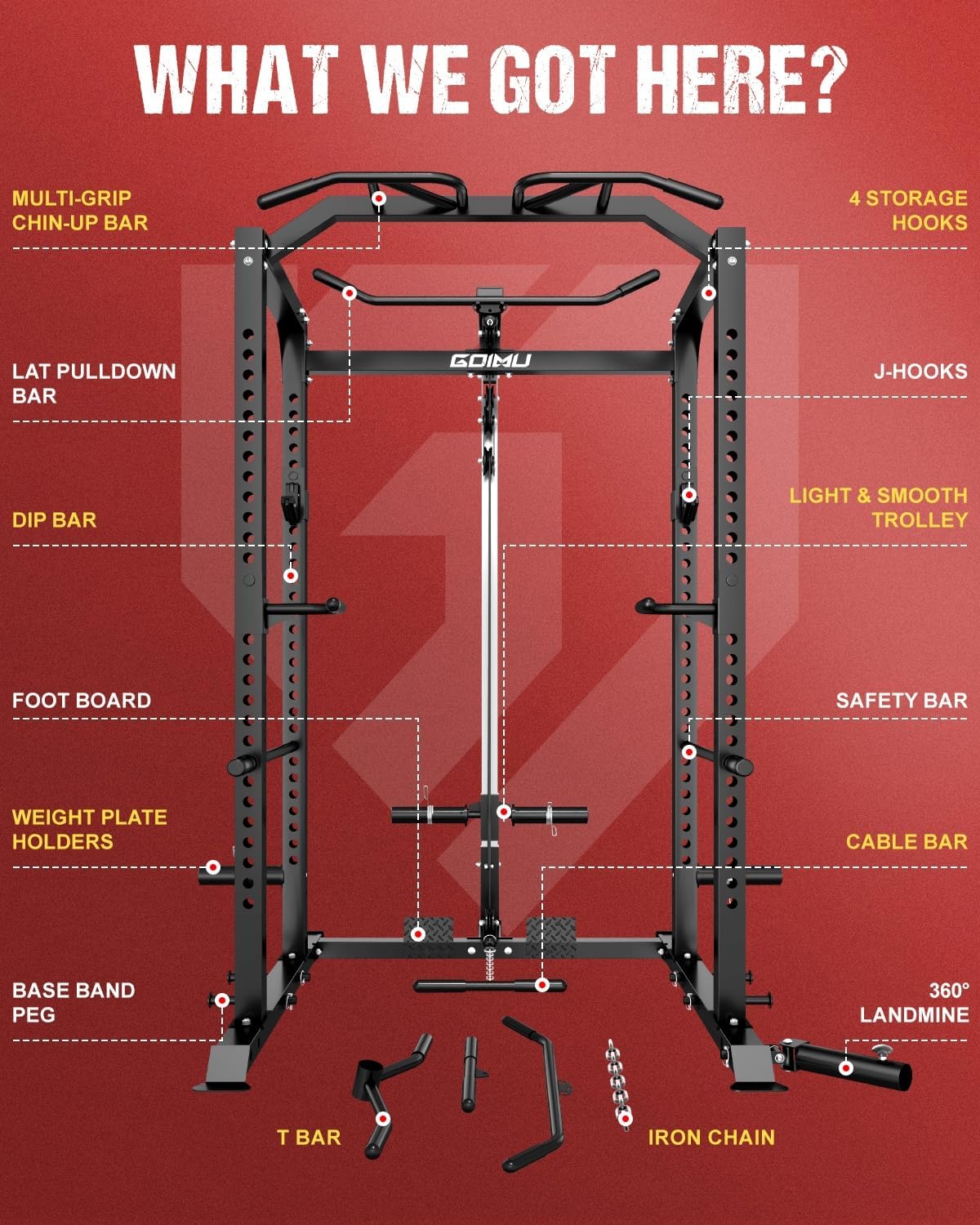C1-V4 Power Cage, 2000LBS Squat Rack with LAT Pulldown, Multi-Function Weight Cage Strength Training Machine, Workout