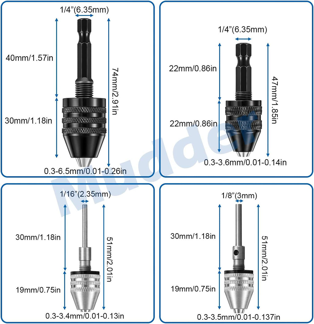 Mudder 4 Pcs Keyless Drill Chuck for Impact Driver, 1/4, 1/8, 1/16 Inch