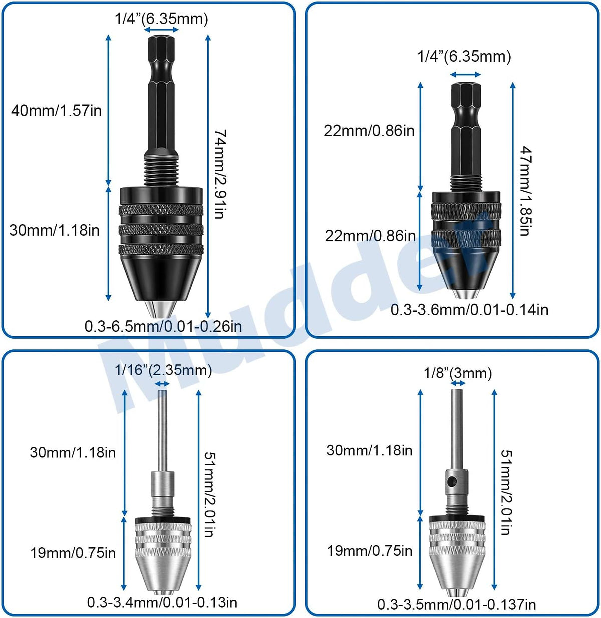 Mudder 4 Pcs Keyless Drill Chuck for Impact Driver, 1/4, 1/8, 1/16 Inch