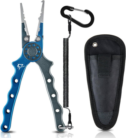 Saltwater Fishing Pliers, Aluminum, Split Ring, Braid Cutter | Hook remover, tungsten carbide blade, spring-loaded