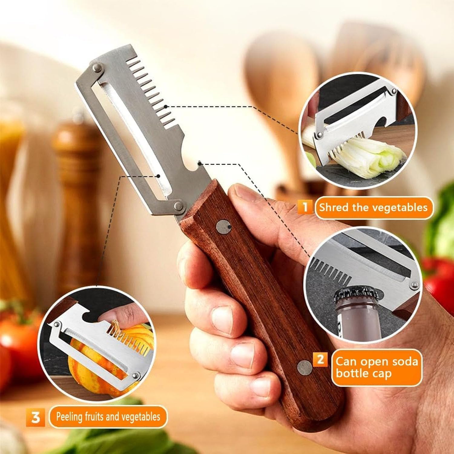 2026 Upgrade Multi-Functional Vegetable Peeler, 3 in 1 Multi Functional Wooden Handle Peeler and Bottle Opener