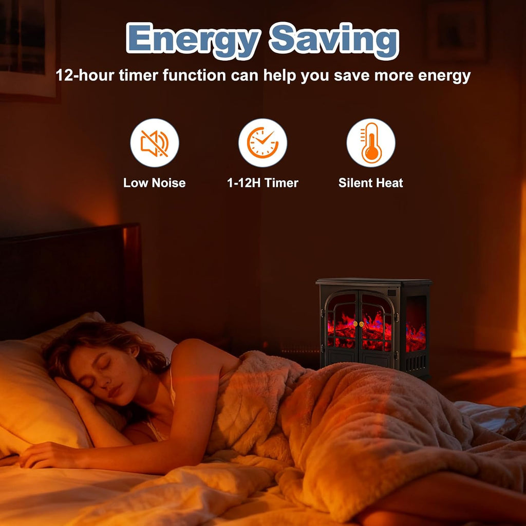 Electric Fireplace Heater, 26" Freestanding Two Door Electric Fireplace Stove with 3D Flame Effect & Remote Control