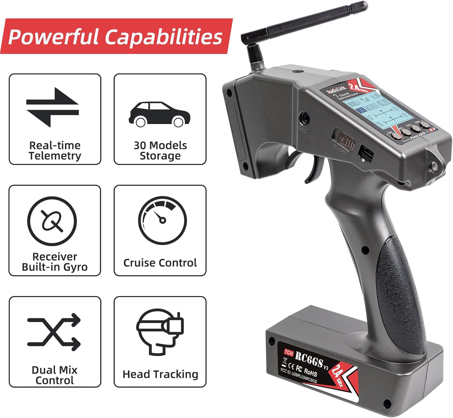 RC6GS V3 7CH RC Transmitter R7FG Waterproof Receiver for RC Car | 30 Models Storage 2.4Ghz Voltage Telemetry Surface