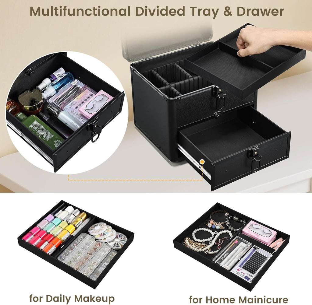 Makeup Case with Drawer, Detachable Lighted LED Mirror, Makeup Organizer Box Travel Make up Vanity Case Portable
