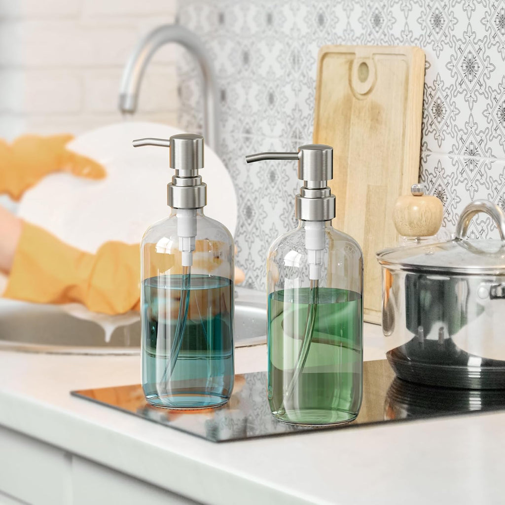 Soap Dispenser, 2 Pack Glass Soap Dispenser with Pump Stainless Steel, 17 Oz Hand Soap Bottles Bathroom Kitchen, Clear