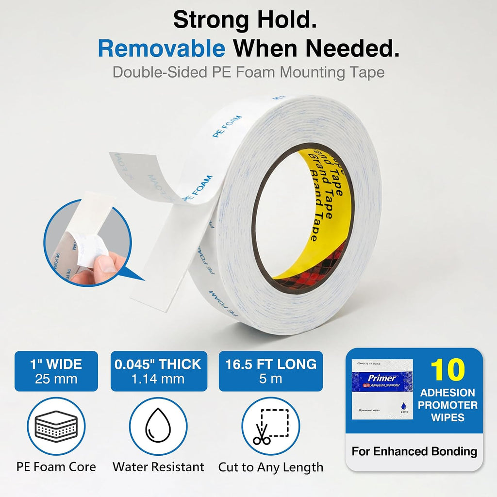 Double-Sided Removable Foam Tape, 1 in x 16.5 ft, Wall-Safe Mounting Tape