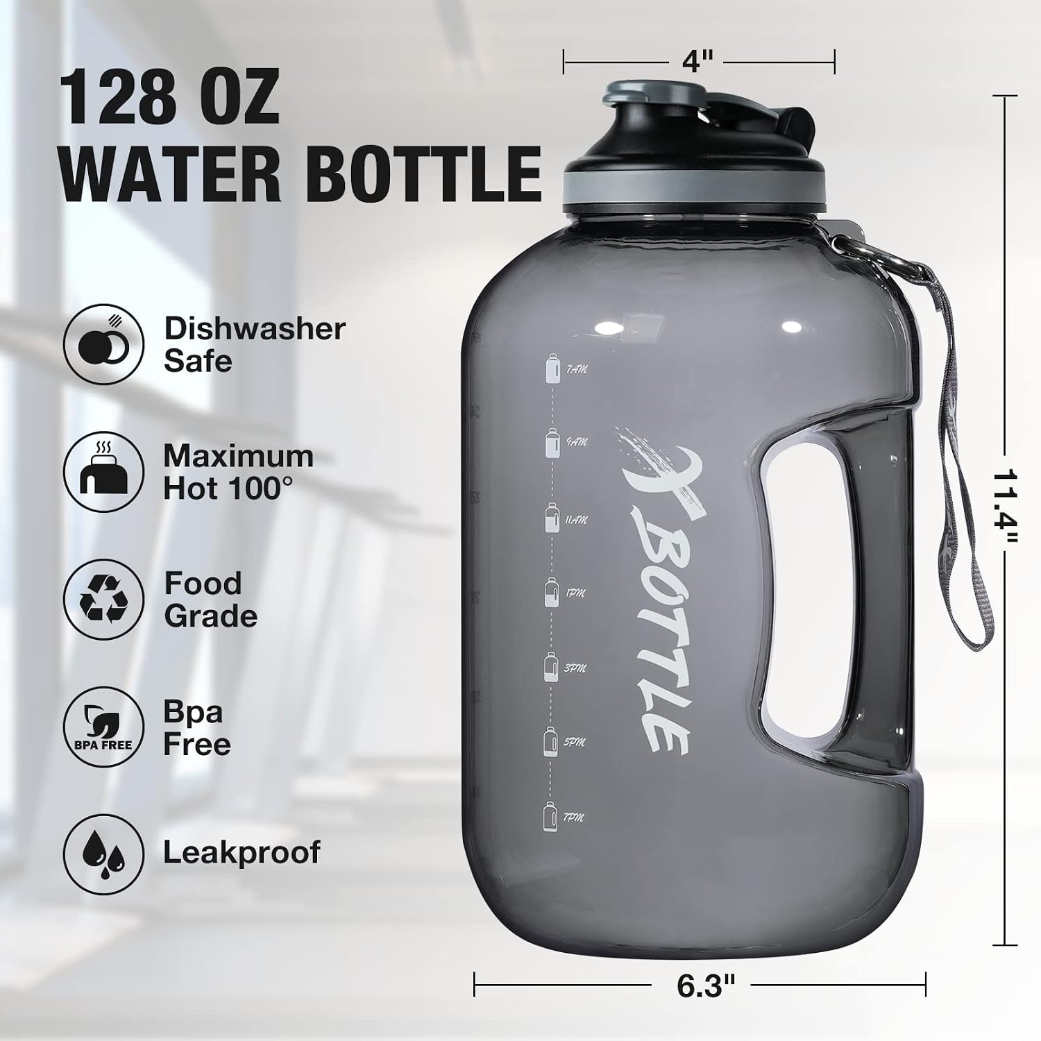 1 Gallon BPA Free Dishwasher Safe 128oz Large Water Bottle with Motivational Time Marker and Handle - Leak-proof Big