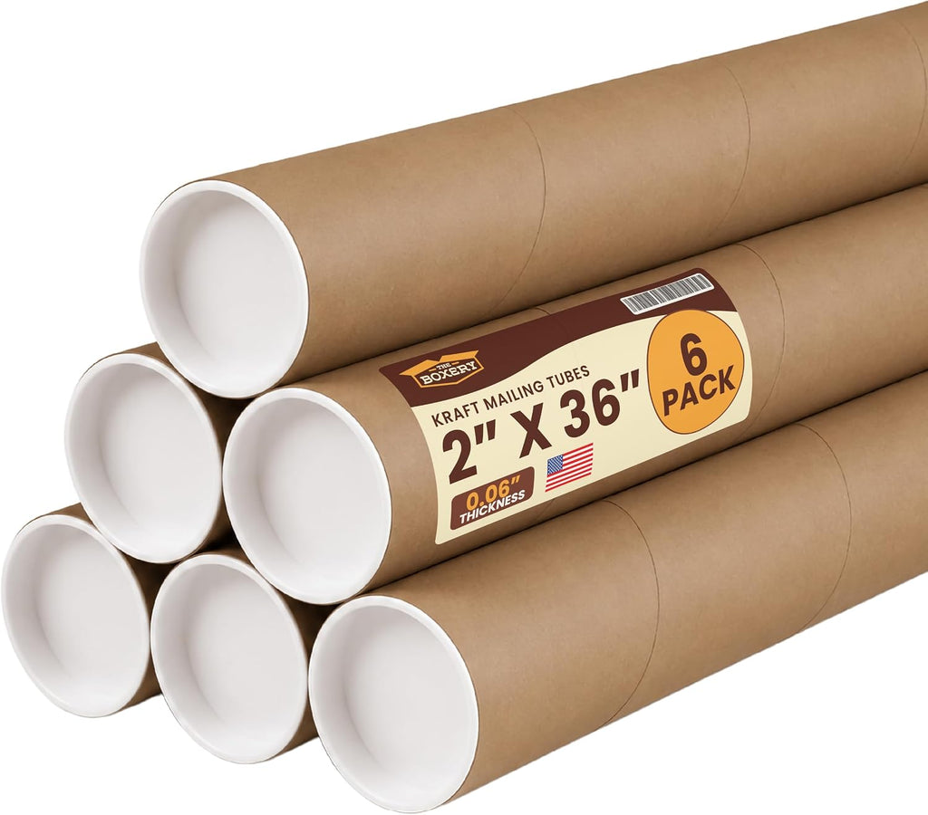 2" x 36" Made in USA Kraft Paper Mailing Tube, 6 Tubes, 12 Caps