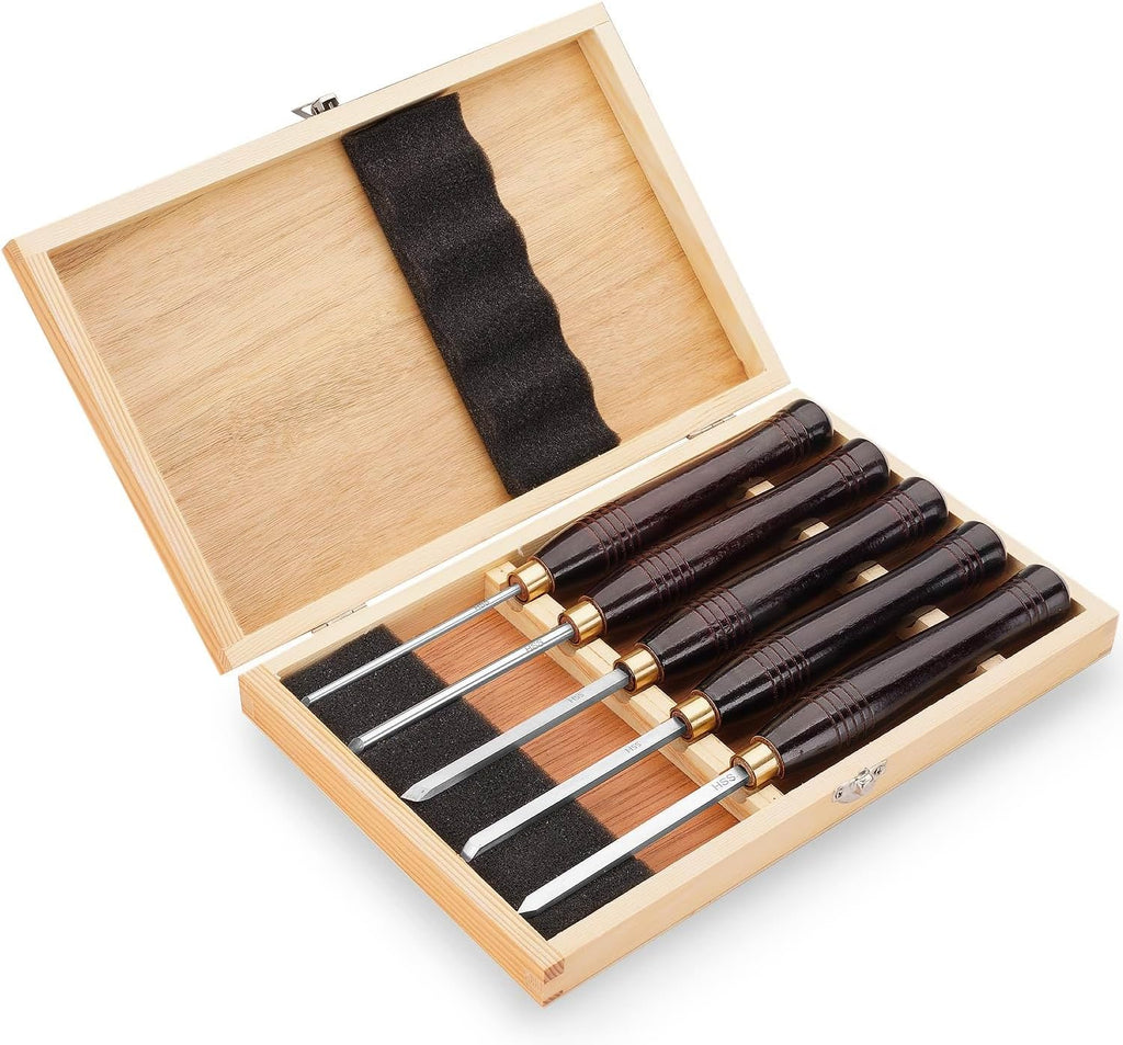 Woodworking HSS Wood Turning Tools Lathe Chisel Set of 5 pcs Mini with Wooden Box, Ideal for Pen Turning and Small