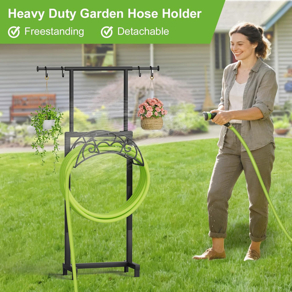 Garden Hose Holder with Telescopic Pole, Upgraded Heavy Duty Hose Stand Holds 150ft with 4 Spikes, Freestanding Metal