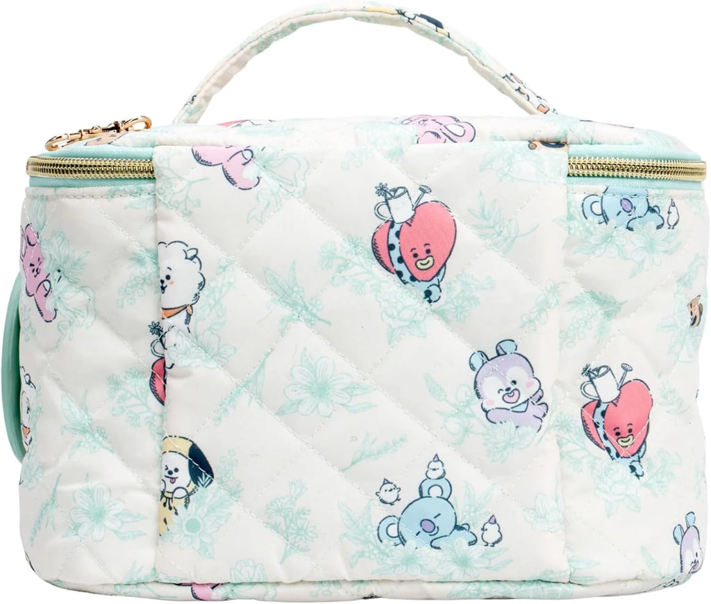 Impressions Vanity BT21 Quilted Train Case with Removable Mirror Keychain, Slip Pocket Makeup Bag Organizer with Top