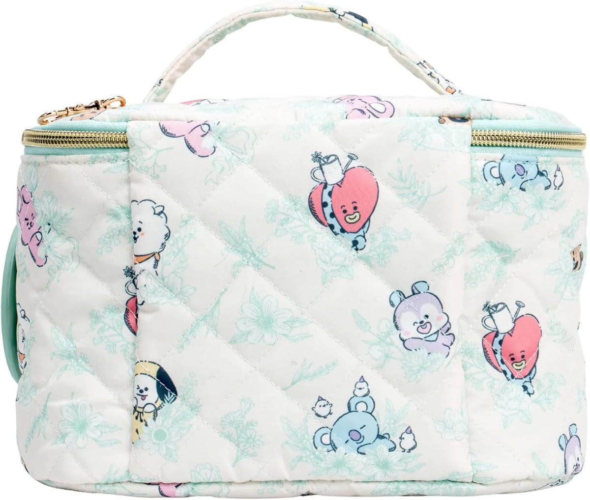 Impressions Vanity BT21 Quilted Train Case with Removable Mirror Keychain, Slip Pocket Makeup Bag Organizer with Top