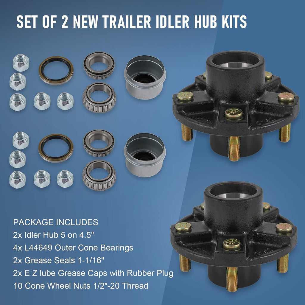 2 Trailer Idler Hub Kits 5 on 4.5" Replacement for Axle 1-1/16" Bearings 2000 lbs - 22016K