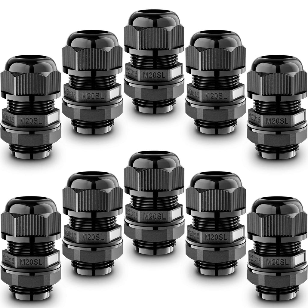 QILIPSU 10pcs M20SL Long Thread Cable Gland Waterproof IP68 Nylon Strain Relief Cord Grip Cable Pass Through Wire Connector