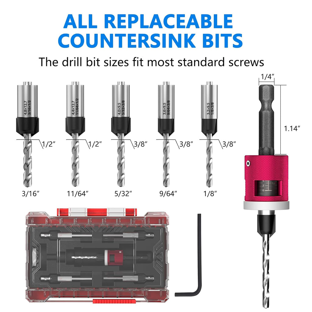 BURMONG 5-Piece Countersink Drill Bit Set with Adjustable Depth Stop, 1/4" Hex Shank Quick Change Drilling Tool Kit, 82° Woodworking Chamfer Bits for Wood, Plywood, MDF, Plastic