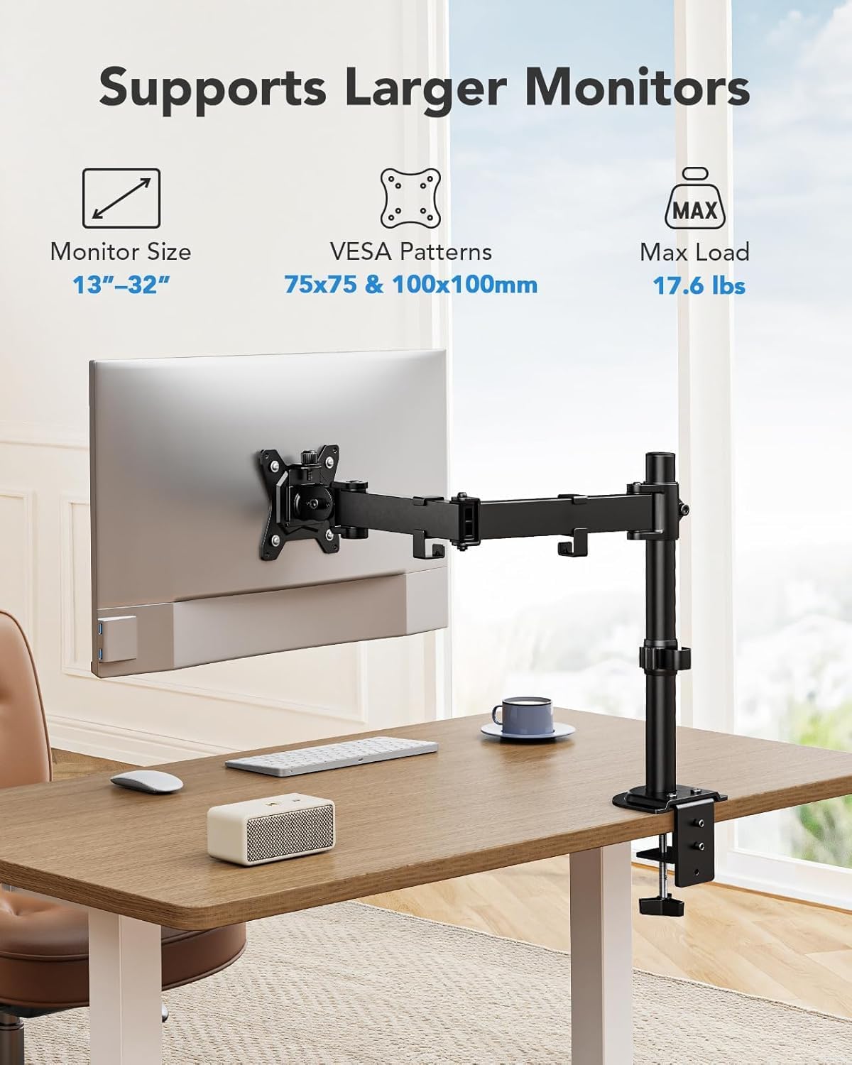 Single Monitor Mount, Monitor Arm for 13”-32” Monitors up to 17.6 lbs, Adjustable Stand with 16” Max Height, Desk