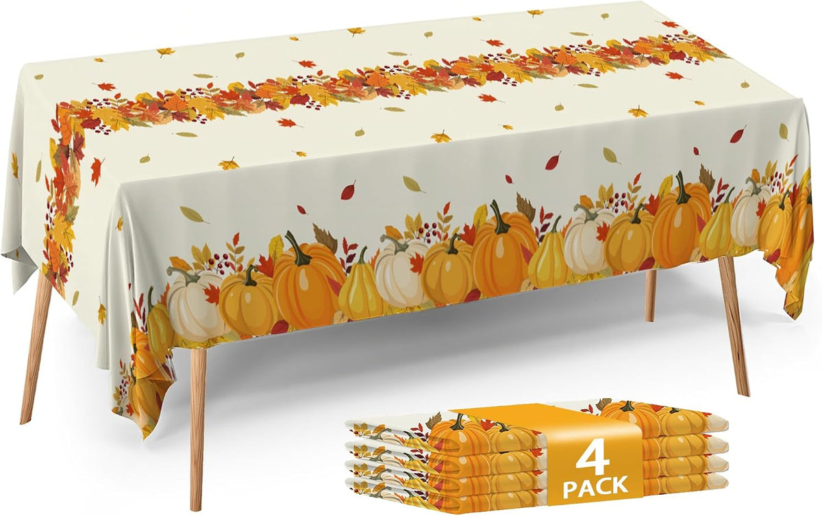 Fall Plastic Tablecloth 4 Packs Thanksgiving Disposable Table Cloth 54x108 Rectangle Table Cover with Pumpkin & Maple