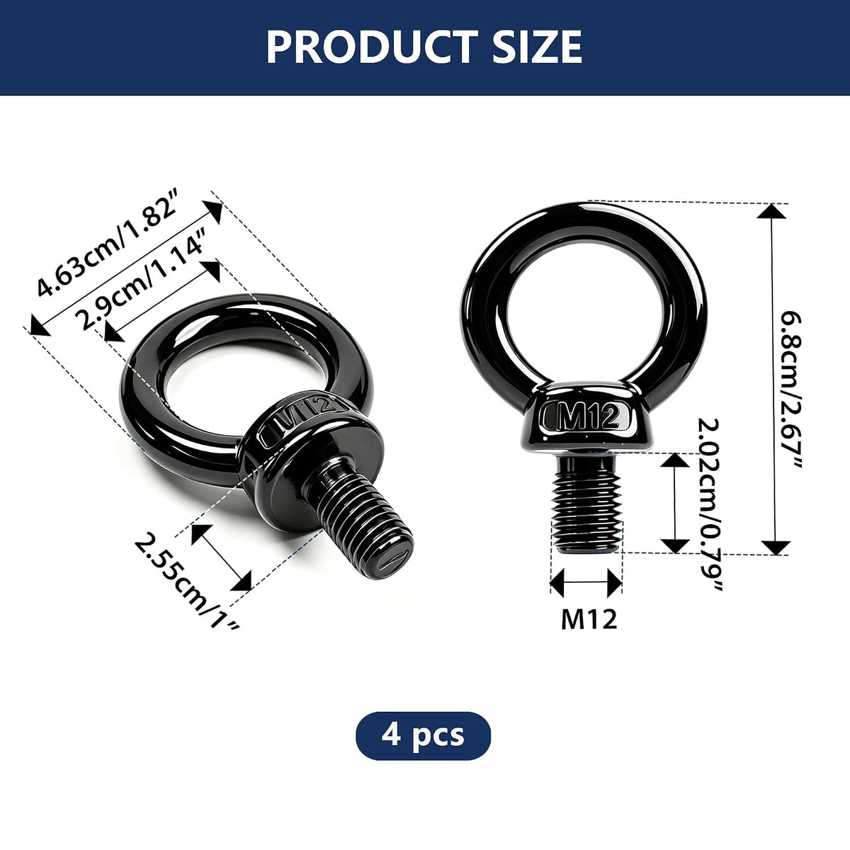M12 Machinery Shoulder Lifting Eye Bolt, 304 Stainless Steel, Black, 4 Pack