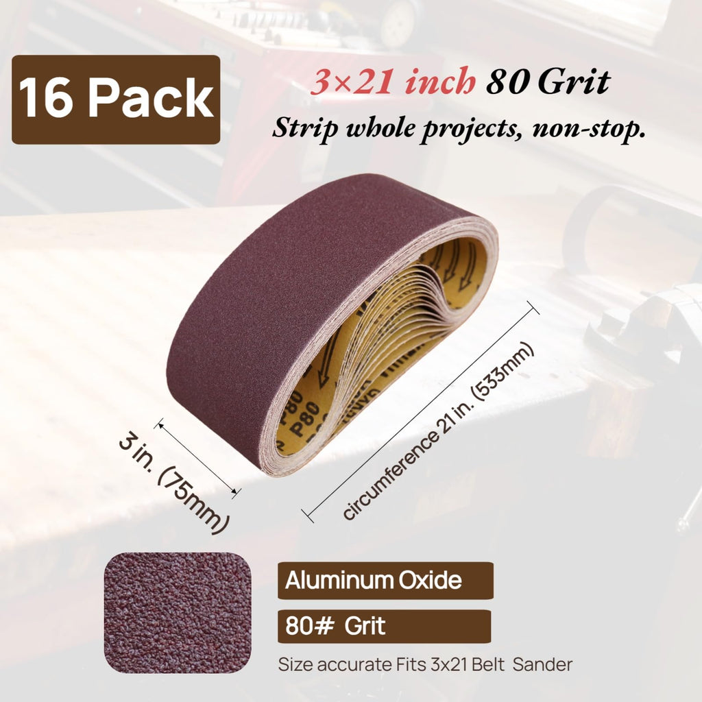 KTHUA 16 Pack 3 x 21 Inch Sanding Belts, 80 Grit