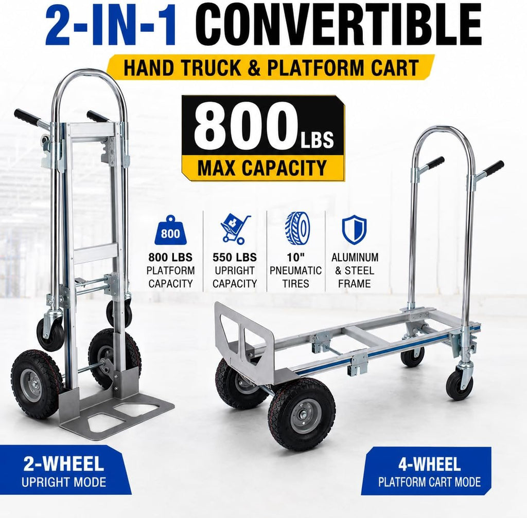 2-in-1 Convertible Hand Truck Dolly, 800 LB Capacity Heavy Duty Utility Cart with Pneumatic Tires, Aluminum & Steel