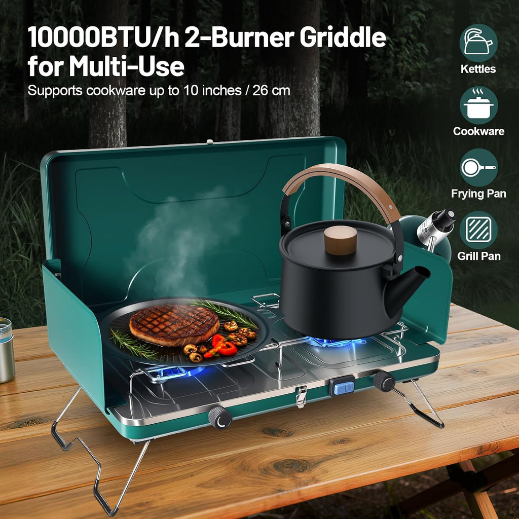2 Burner Propane Stove, 20000BTU Portable Camping Stove with 2 Adjustable Burner and Wind Guards, Camping Cooktop