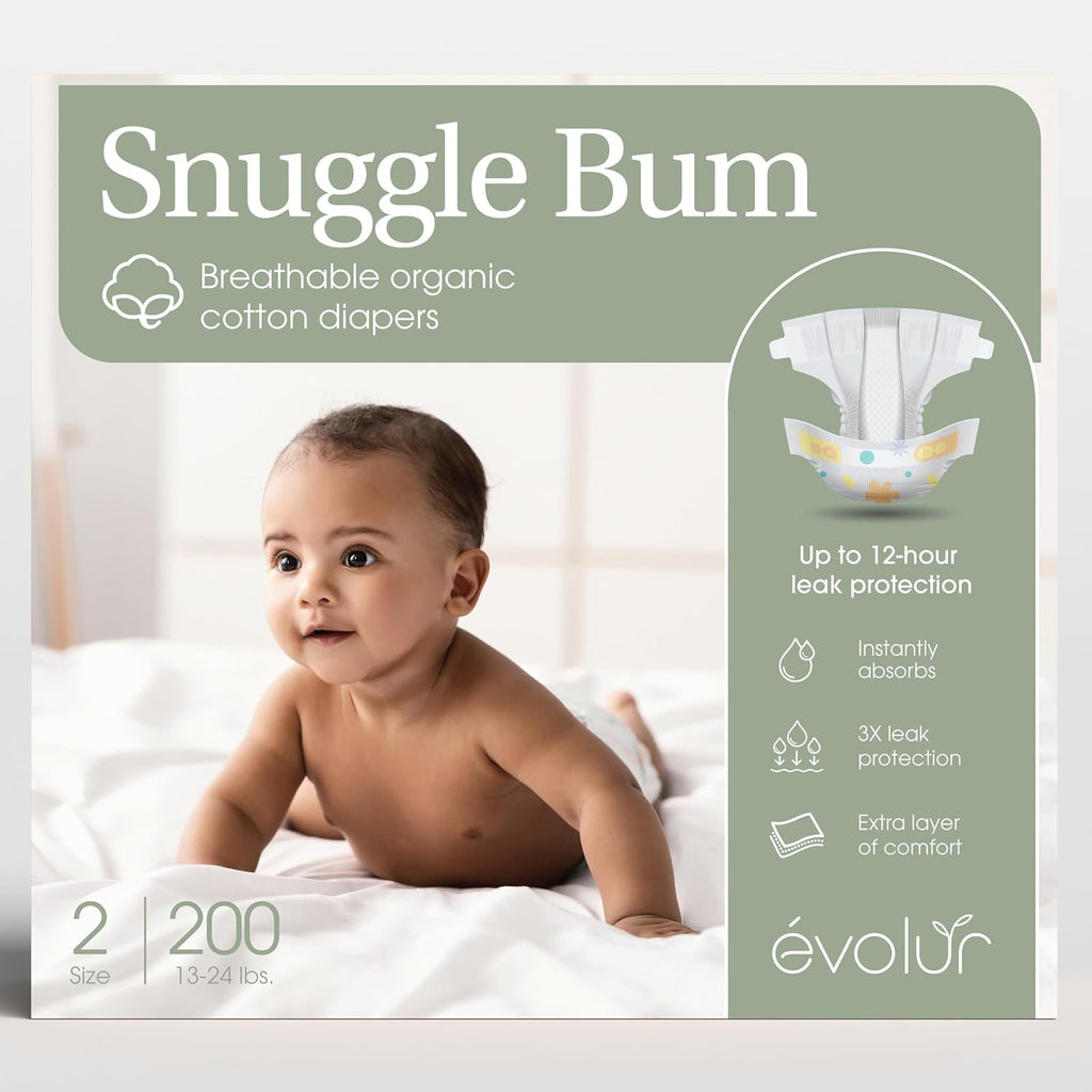 Snuggle Bum Baby Diapers Size 2, Newborn, PFAS-Free, 200 Count