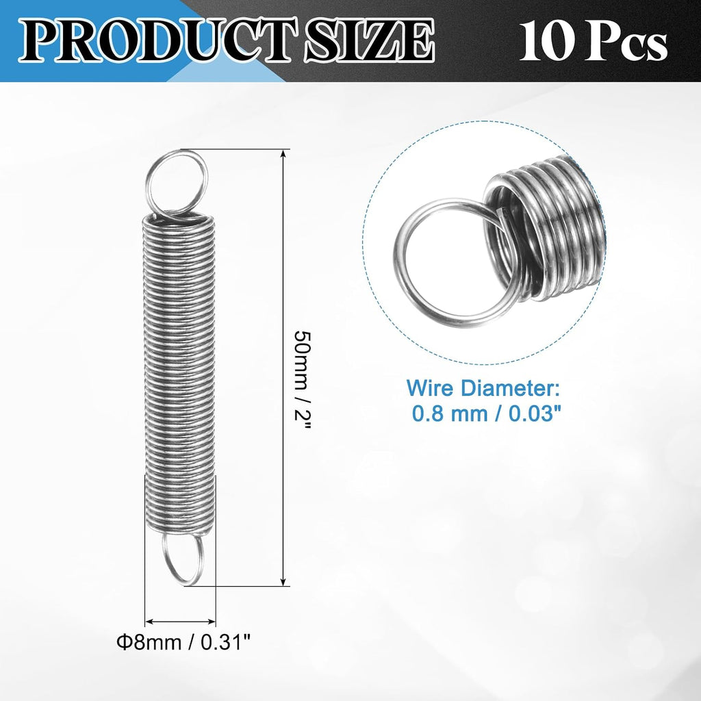 Extension Spring, 10pcs Wire Diameter 0.03", OD 0.31", Free Length 2" 304 Stainless Steel Dual Hook Tension Springs
