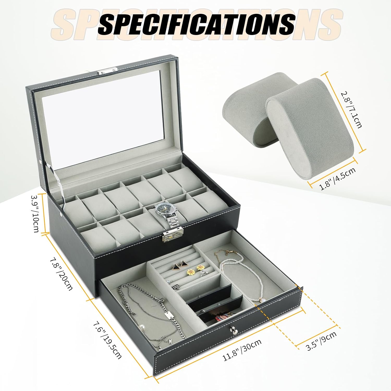 12 Slots Watch Case with Lockable Watch Jewelry Box for Women Men | Jewelry Display Case, Leather Watch Organizer