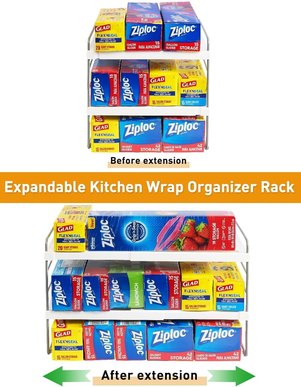 Foil and Plastic Wrap Organizer, Expandable Kitchen Pantry Storage, Height Adjustable Cabinet Rack for Kitchen