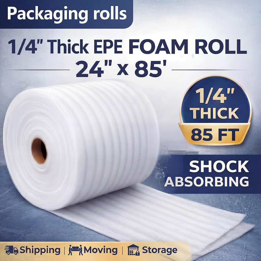 1/4" Thick EPE Foam Roll 24" x 85' Packaging Foam Roll Protective Cushion Material for Fragile Items Moving, Storage