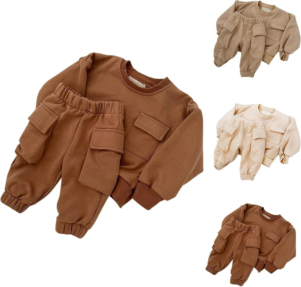 Toddler Cotton Thick Cargo Tops Pants Sets 2pc Plain Joggers Pullover Clothes Sweatpants Outfits Baby Boys Warm Comfy