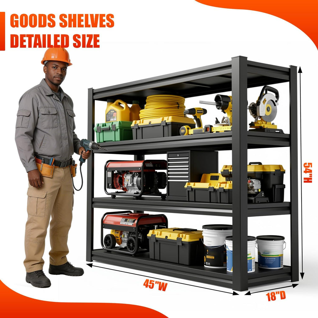 45" W Garage Shelving Heavy Duty, 2400LBS Loads Adjustable Garage Storage Shelves,4-Tier Metal Storage Racks and