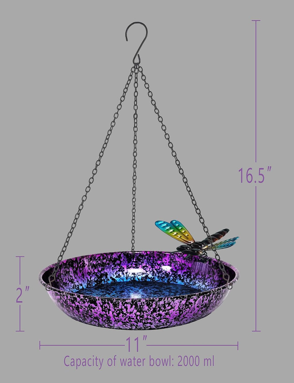 Hanging Bird Bath & Feeder, 11" Metallic Purple/Blue Metal Birdbath Bowl