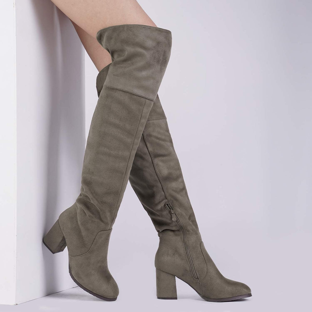 Women's Knee High Block Heel Boots,Khaki,7.5