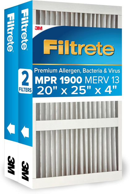 20x25x4 AC Furnace Air Filter, MERV 13, MPR 1900, Premium Allergen, Bacteria & Virus Filter, Electrostatic Air