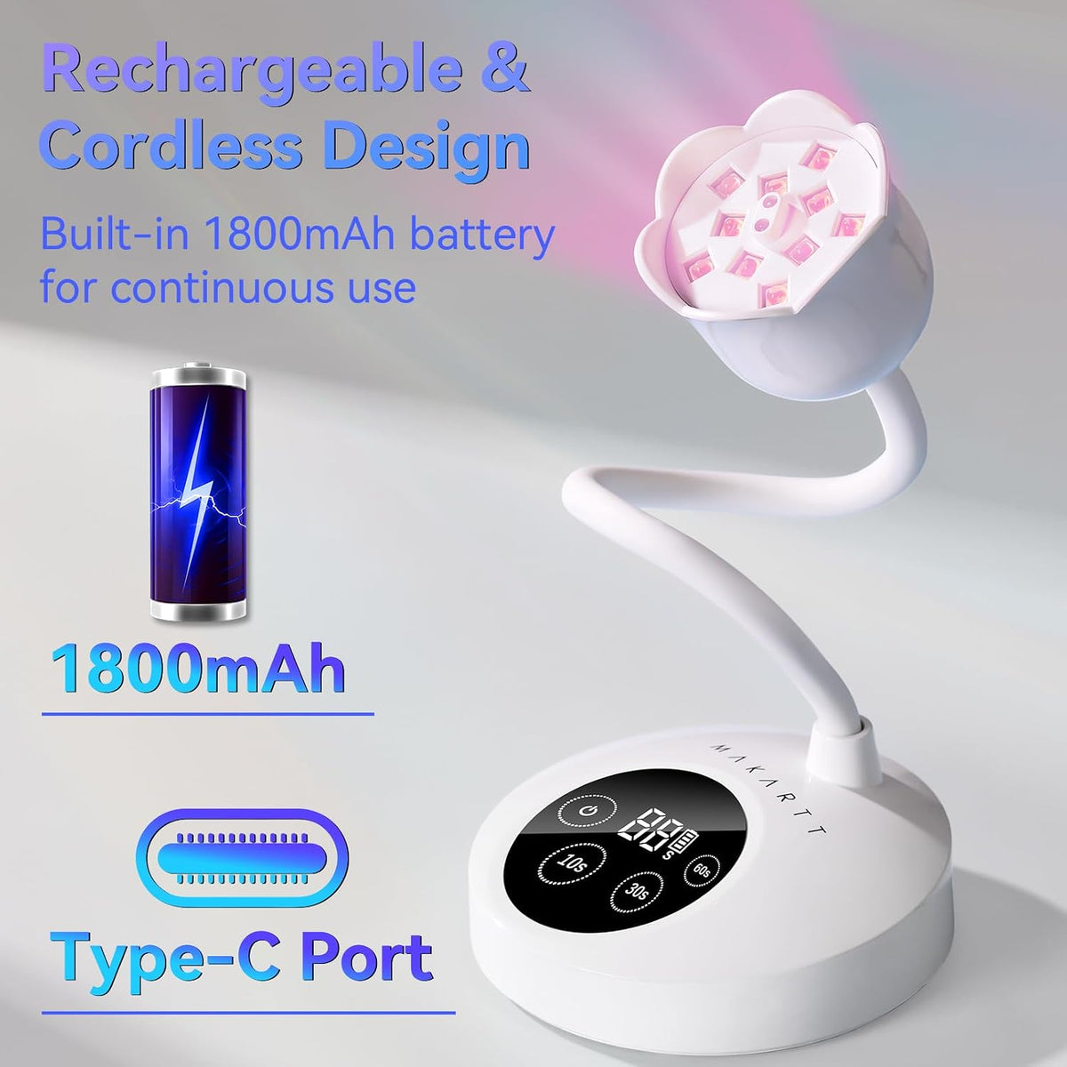 UV Nail Lamp for Gel Nails Polish Cordless Gooseneck 10s Flash Cure