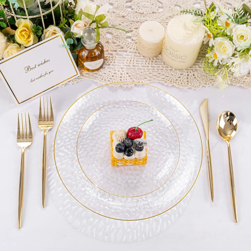100Pcs Clear Gold Plastic Plates, Disposable Plates With Gold Rim, Heavy-duty Party Platos, Hammered Plastic Plates