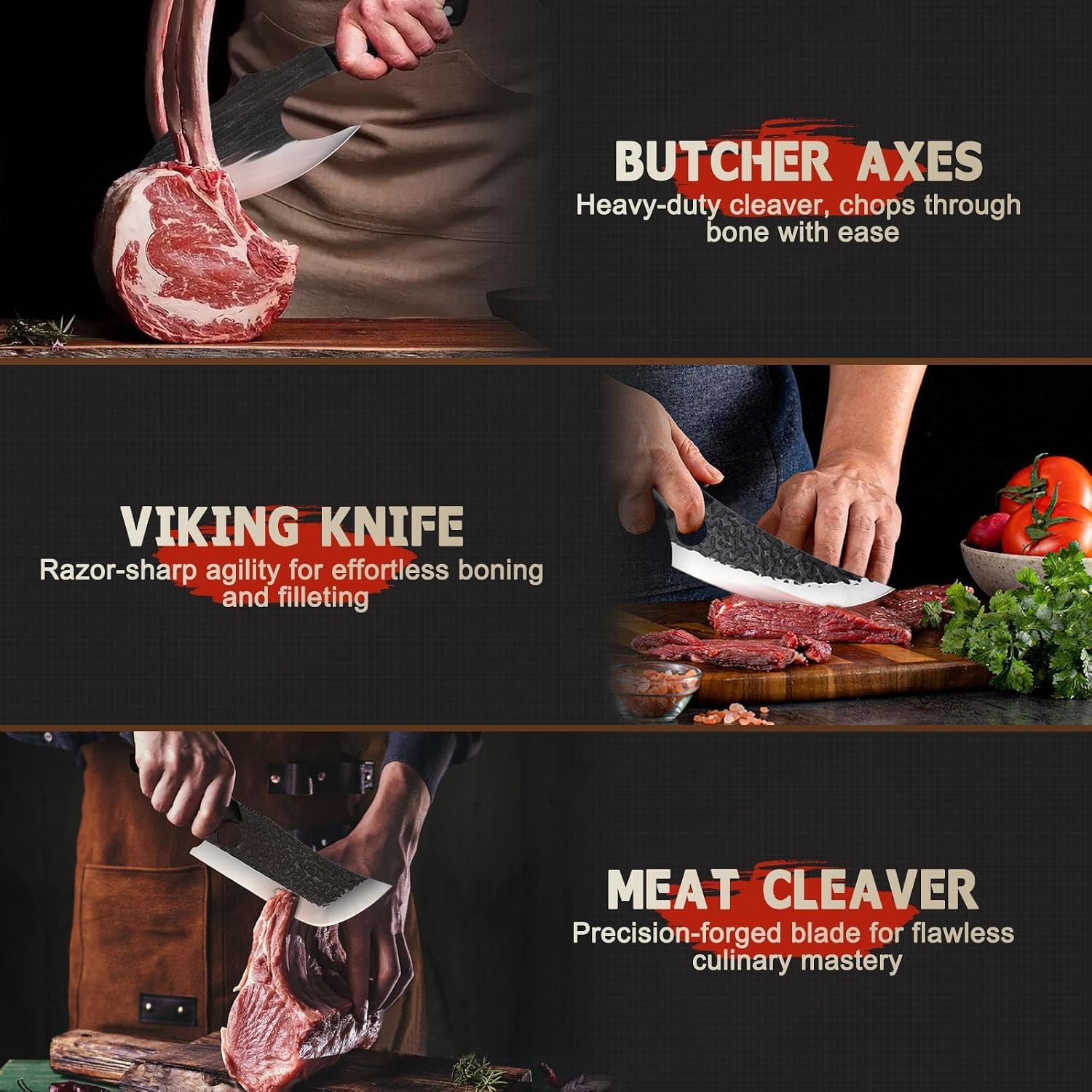 Butcher Knife Cleaver Set - 3PCS Hand Forged for Meat Cutting