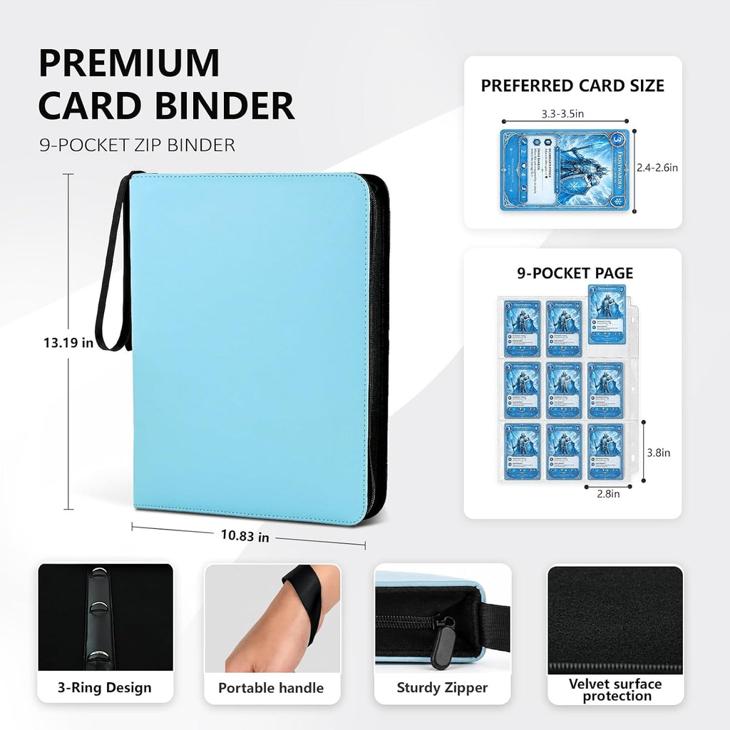 9 Pocket Zip Card Binder, Trading Card Album Holds 1080 Cards, Light Blue | Logo-free design,top-loading