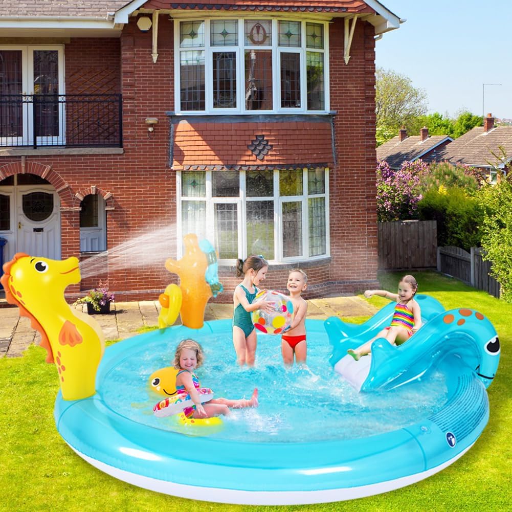 Sea Animal Inflatable Kids Pool with Slide and Sprinkler, Inflatable Play Center with Rings & Animal Figures