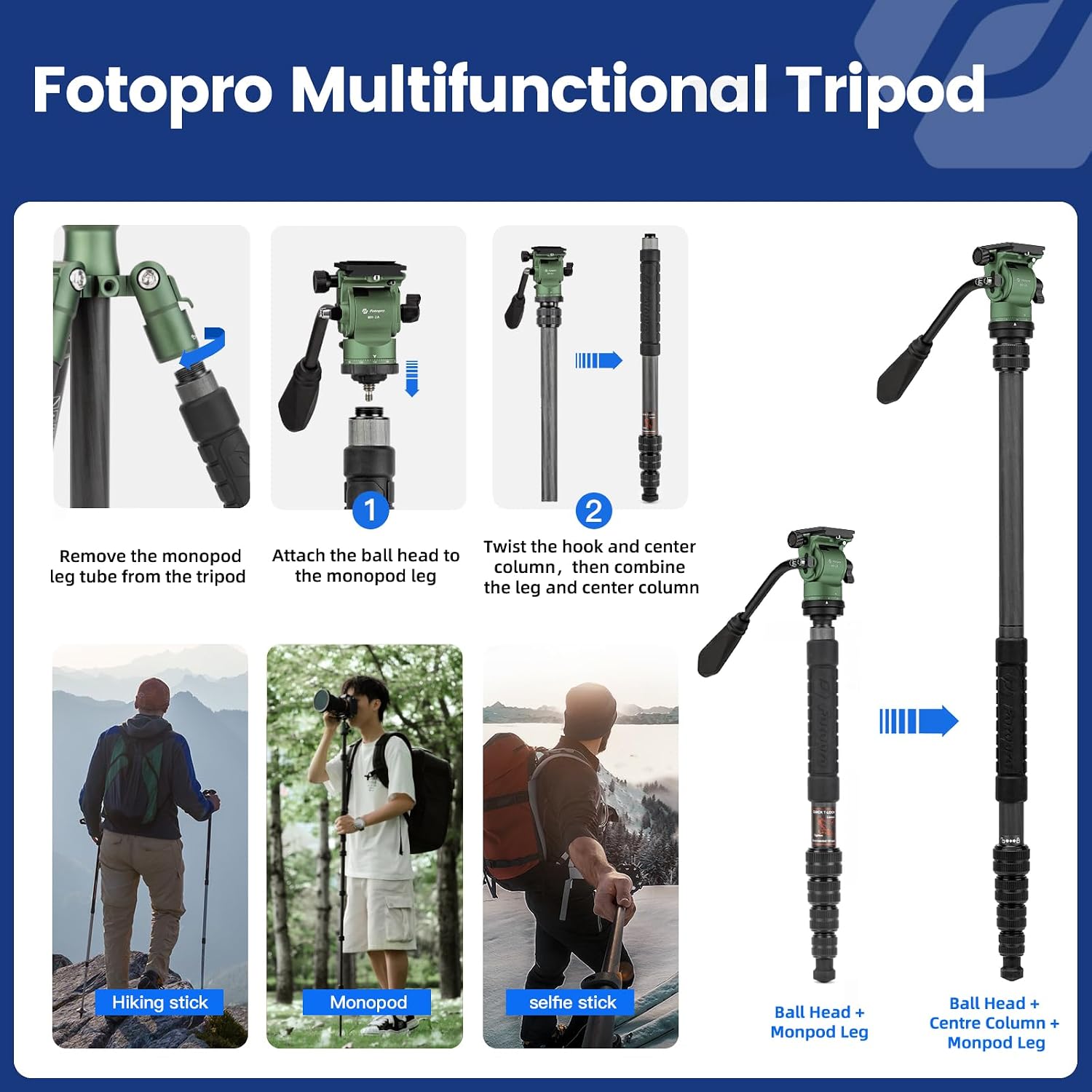 62" Carbon Fiber Travel Tripod, Lightweight Compact Video Tripods with Fluid Head, Detachable Monopod with Arca-Swiss