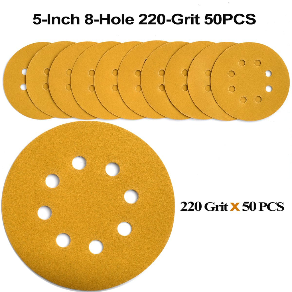5-Inch 8-Hole Hook and Loop Sanding Discs 220-Grit, 50-Pack