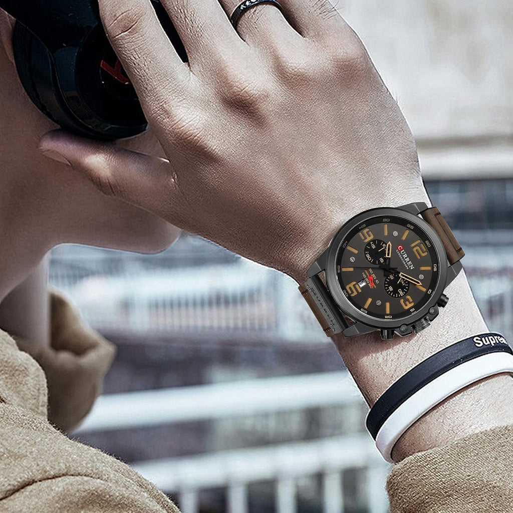 Mens Classic Analog Quartz Chronograph Sandwich Dial Leather Watch | Sport Military Multifunctional Waterproof Watch