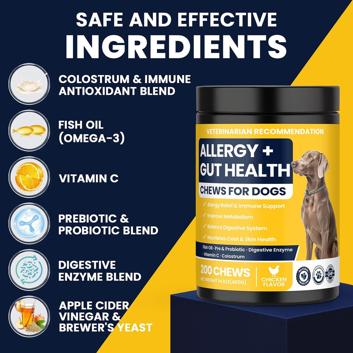 Dog Allergy Chews Probiotics for Dogs for Yeast 200ct, Itchy Skin and Itchy Ears Itch Relief Immune Pre Chews for Pet