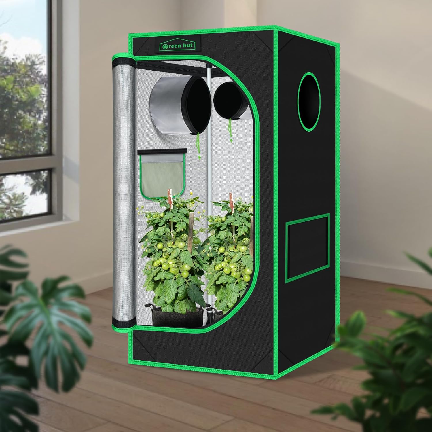 2x2 Green Hut Grow Tent 24"x24"x48" 600D Mylar Hydroponic Grow Tents | Observation Window, Removable Floor Tray, 100%